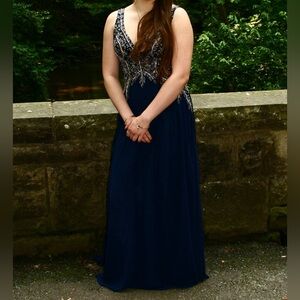 Elegant Navy Blue Evening Gown with Gold Embellishments